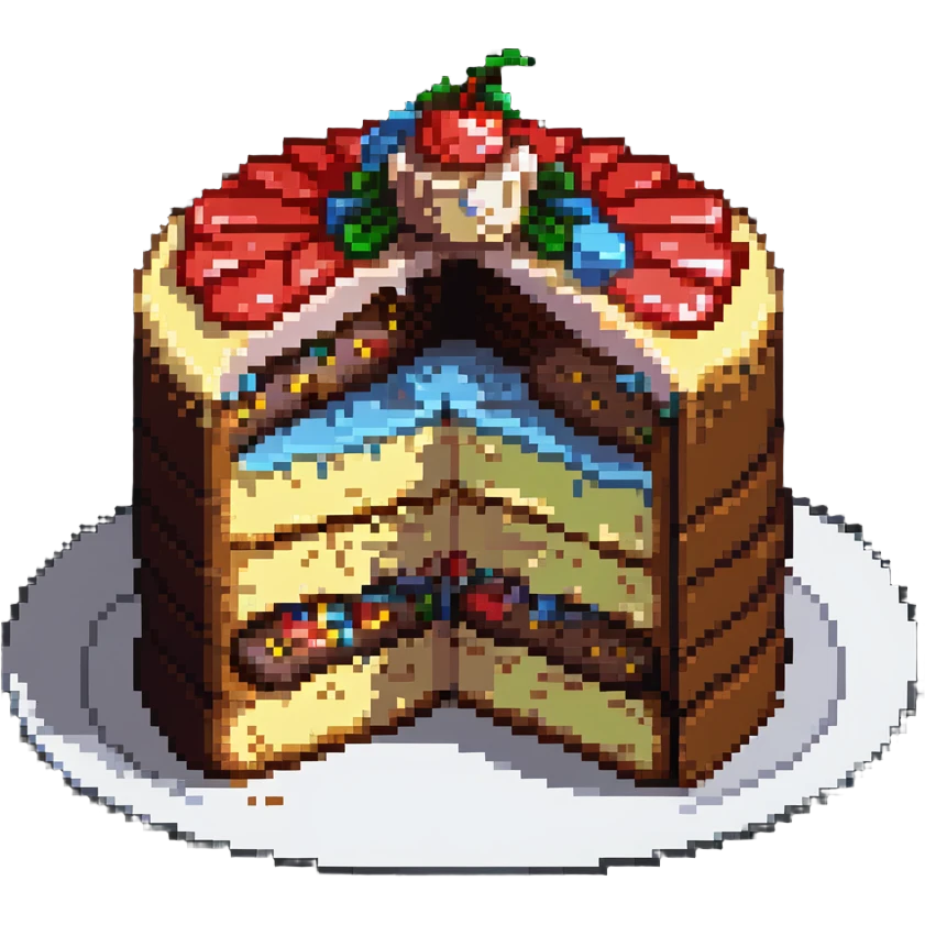 pixel art cake with a bite taken out showing the layers inside emoji