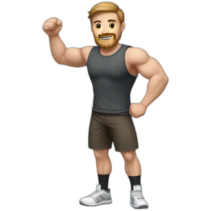 Close up Actively gesturing  with hands Pale skinned Fit Man With the biceps and brown hair in dark gray Sleeveless Mike, black oversize sports shorts, watch and white Sneakers emoji