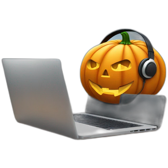 halloween pumpkin in headphones sitting in front of a laptop emoji