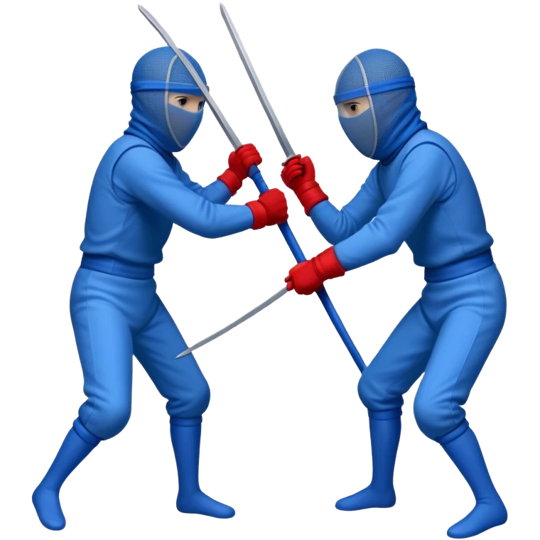 Two figures stick fencing, one fully red attacking, one fully blue defending. Both wear mesh-covered headgear, hiding their faces. No swords, only sticks. emoji