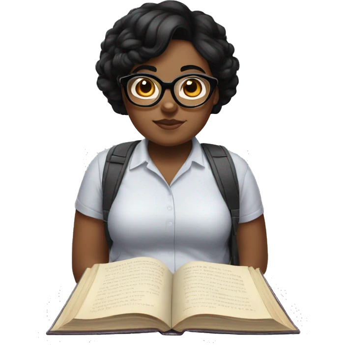 Chubby girl black hair glasses book reading emoji