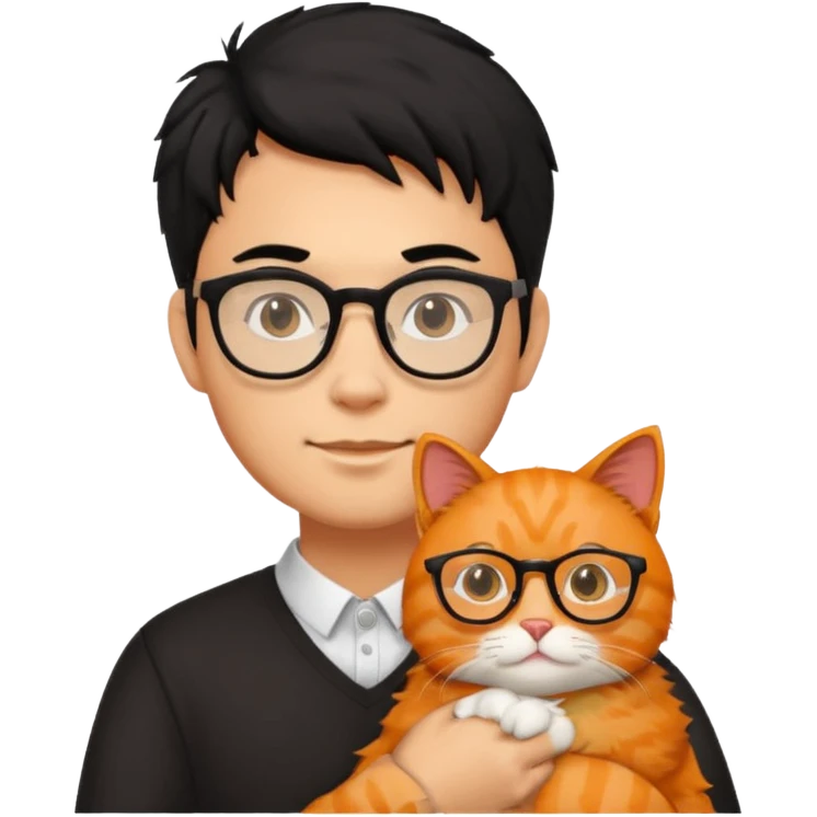 Veterinario hombre trigueño con lentes, con cabello negro y  un gato naranja emoji