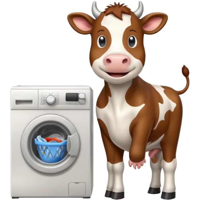 cartoon cow loading laundry into a washing machine emoji