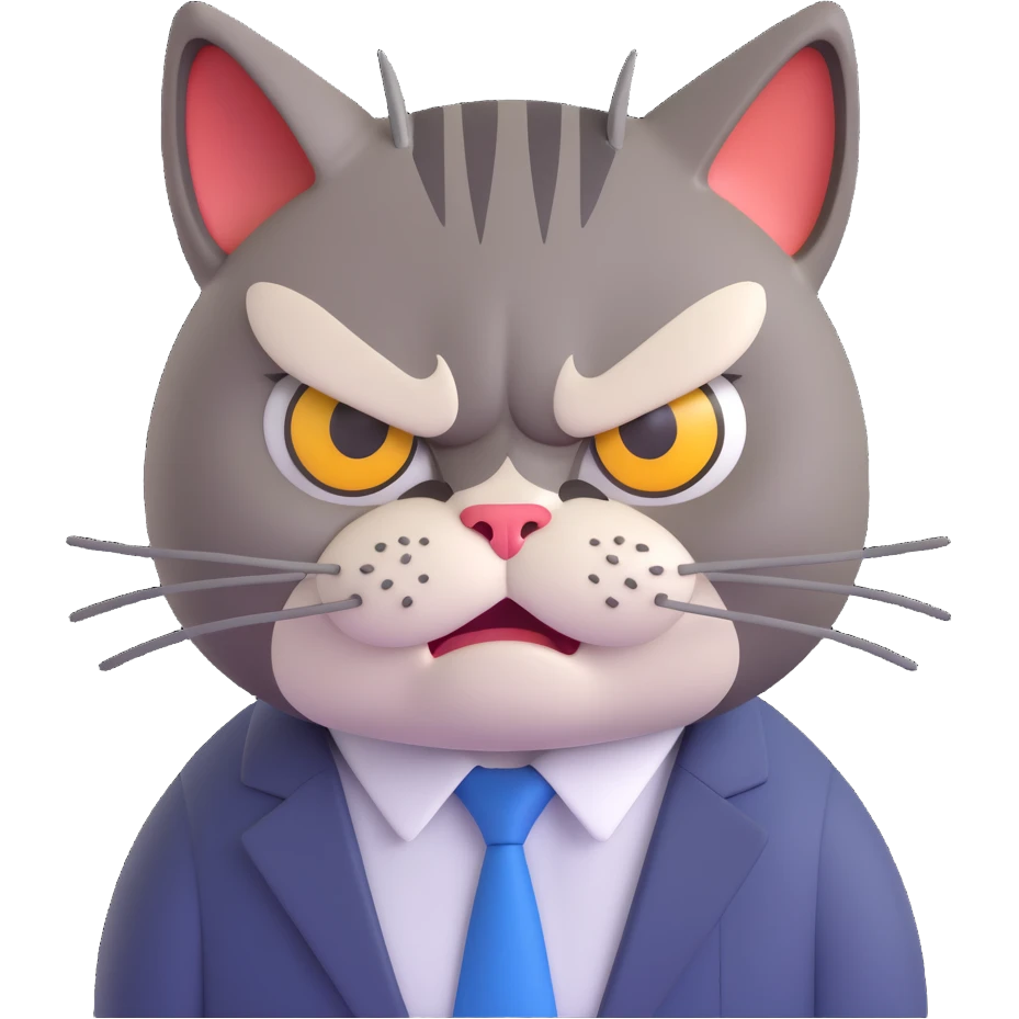 close-up of very angry exhausted cat's face in office attire, furrowed brow, glaring eyes, showing frustration and irritation after a 12-hour workday and terrible week, no table or background, just the cat's face emoji