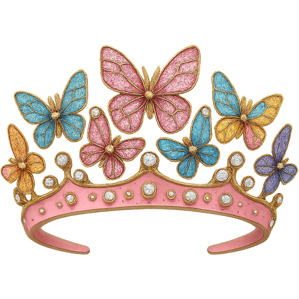butterfly crown with a pink base, colorful butterflies in pink enamel, sparkling gems, transparent background emoji