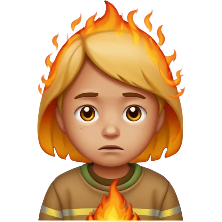sad small child with street burning in the background, apple style emoji emoji