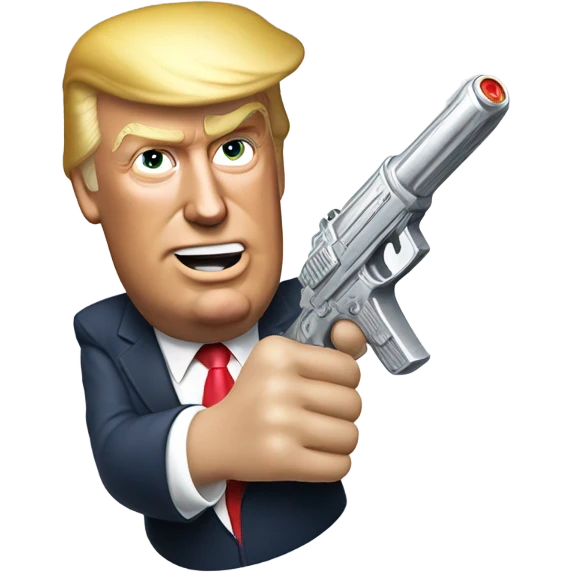 Donald trump holding a silver squirt gun in one hand and aiming it at the side of his head and giving a thumbs up with his other hand emoji