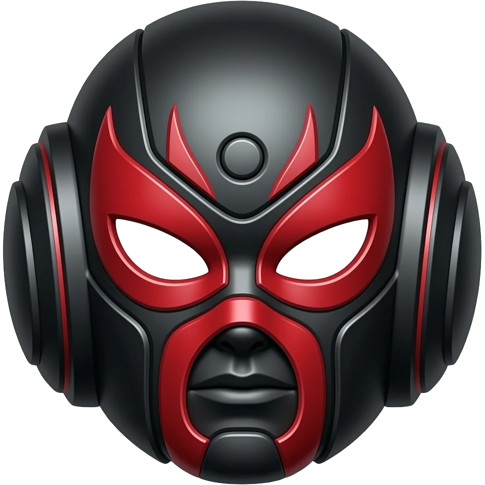 Mascara de luchador negro con rojo con diselo como si fuera un androide un Ciborg que sea simétrico y los diseños redondos a los costados literal como las partes androides de un ciborg pero en mascara de luchador que los diseños redondos no esten saltados a los lados emoji