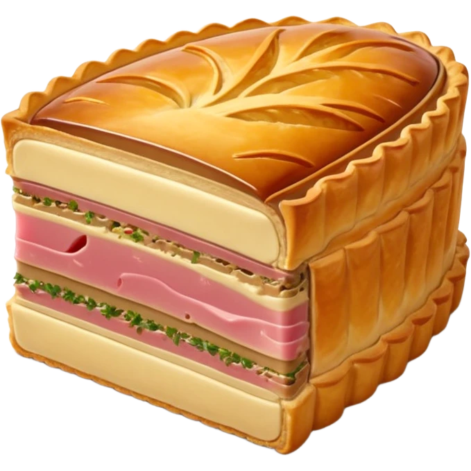 single thick slice of pâté en croûte with golden glossy pastry crust, visible pinkish meat and herbs filling, thin jelly layer near edges, slice upright or flat showing layers clearly, soft lighting, subtle shadows, emoji scale emoji