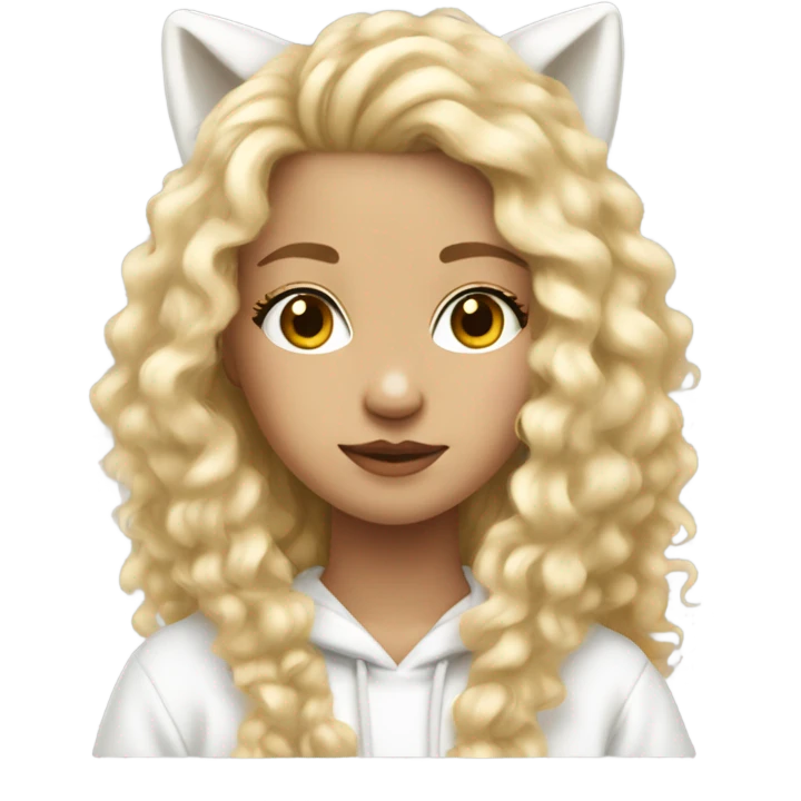 Cute girl wearing white fox hoodie and hair down who has blonde curly hair and is 13 emoji