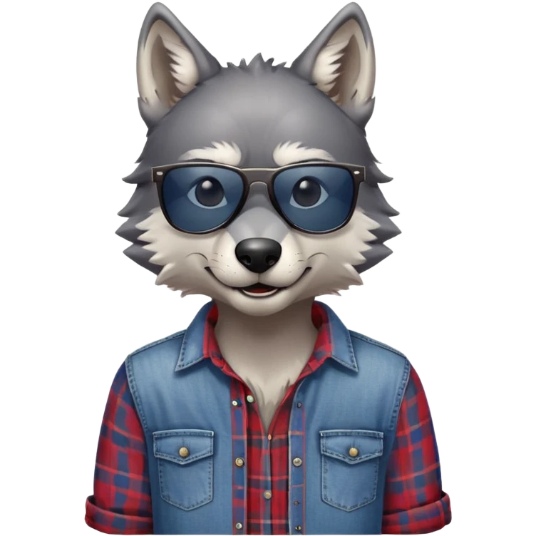 head and shoulders friendly anthropomorphised wolf in plaid shirt and jeans, wearing dark sunglasses, relaxed pose emoji