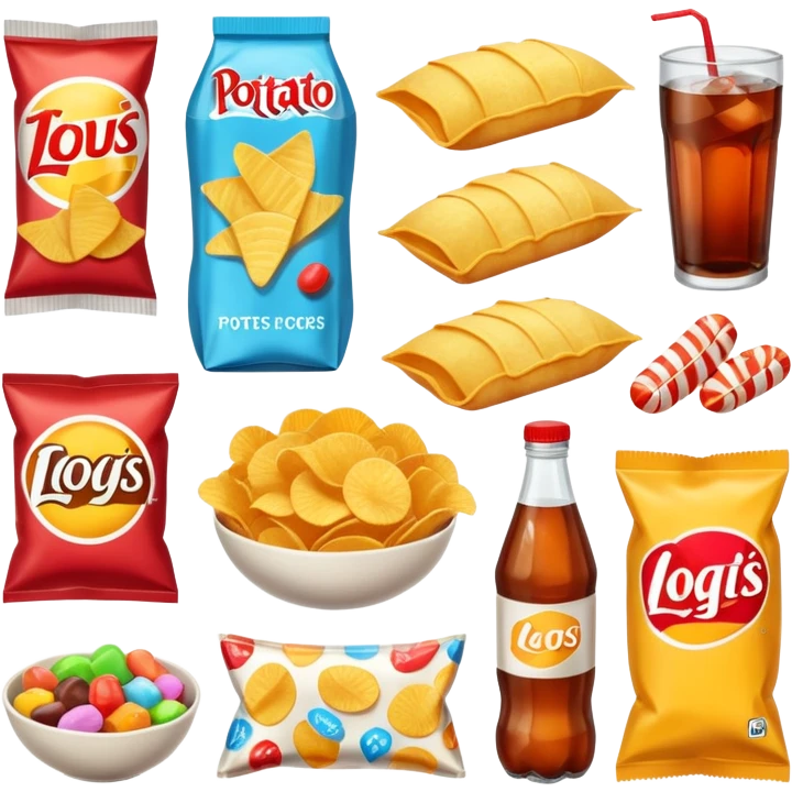 group of various processed foods together including potato chips, soft drinks, snacks, candies, and packaged snacks isolated on white background emoji