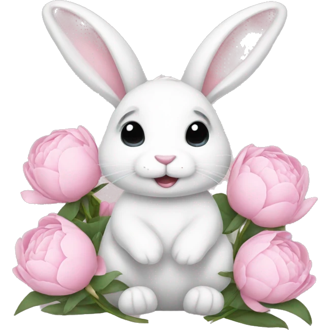 cute white bunny holding light pink peonies emoji