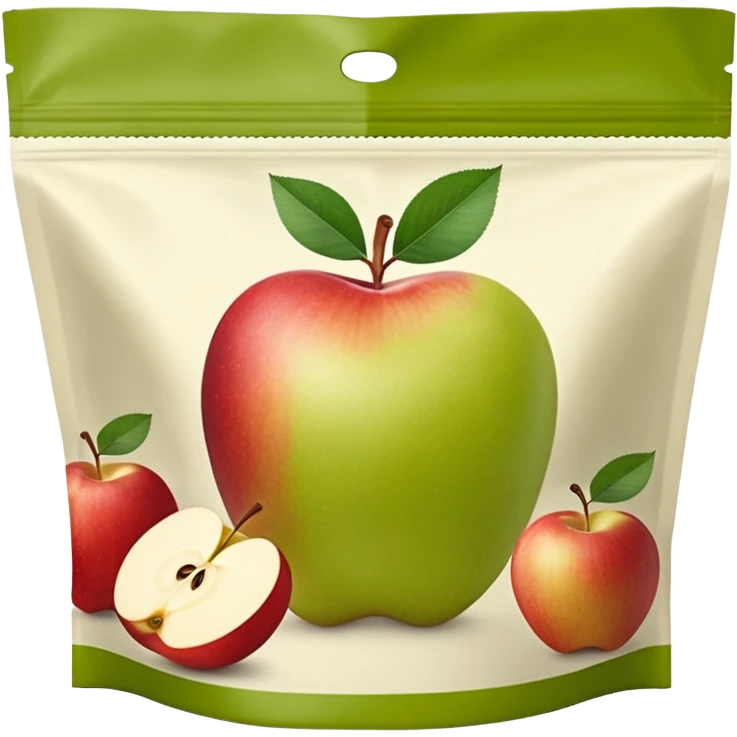 Ein weicher, bunter Standbeutel für Kinder, gefüllt mit püriertem Obstmus. Oben hat er einen kleinen wiederverschließbaren Schraubverschluss, aus dem Kinder direkt trinken oder saugen. Verpackung wie Babynahrung-Beutel aus dem Supermarkt, mit fröhlichem Obst-Design (Apfel, Banane, Erdbeere). emoji