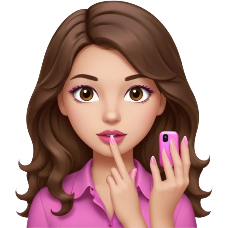 girl with long wavy brown hair, brown eyes, light to medium complexion, in a pink shirt, pink lips, long lashes, puckered lips, showing off a pink manicure emoji