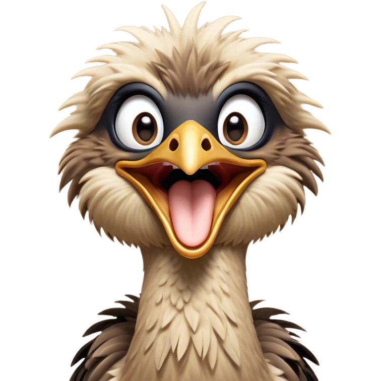 Cinematic Cute Yawning Emu Portrait Emoji, Head tilted slightly with a dramatic, wide-open yawn, showcasing a soft, downy brown plumage with gently drooping feathers and eyes barely open in drowsy contentment, Simplified yet irresistibly adorable features, highly detailed, glowing with a soft, cozy glow, high shine, relaxed yet expressive, stylized with a touch of outback charm, bright and endearing, soft glowing outline, capturing the essence of a sleepy yet affectionate emu, so drowsy it feels like it could stretch out of the screen and curl up for a nap! emoji