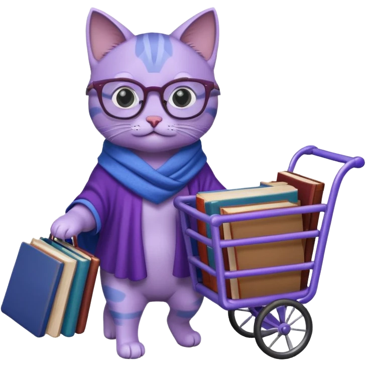Purple and blue cat with reading glasses and a shawl, pushing a cart full of books emoji