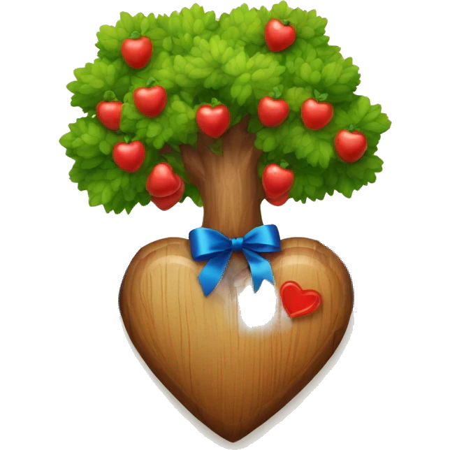 A tree whith wooden red heart fruits + blue ribbon emoji