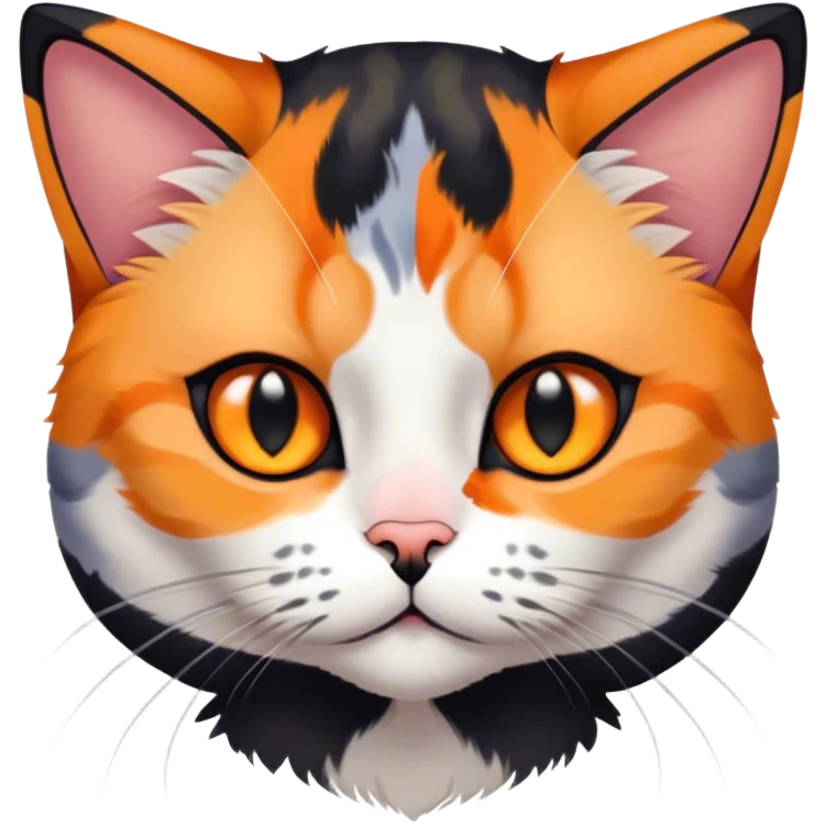 American shorthair calico cat with black fur on the right side of their face and orange on the left side sitting down emoji