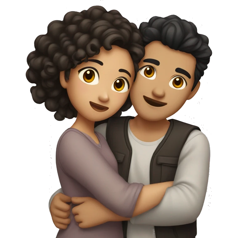 A half Asian man with dark hair and amber eyes embracing a half Asian woman with dark wavy curly hair and dark hazel eyes. They are in love emoji