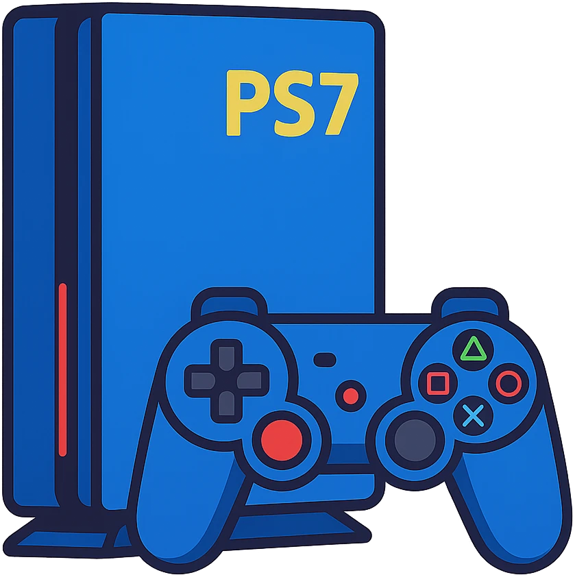 flat toon style PlayStation 7 console with bold colors and simplified shapes emoji