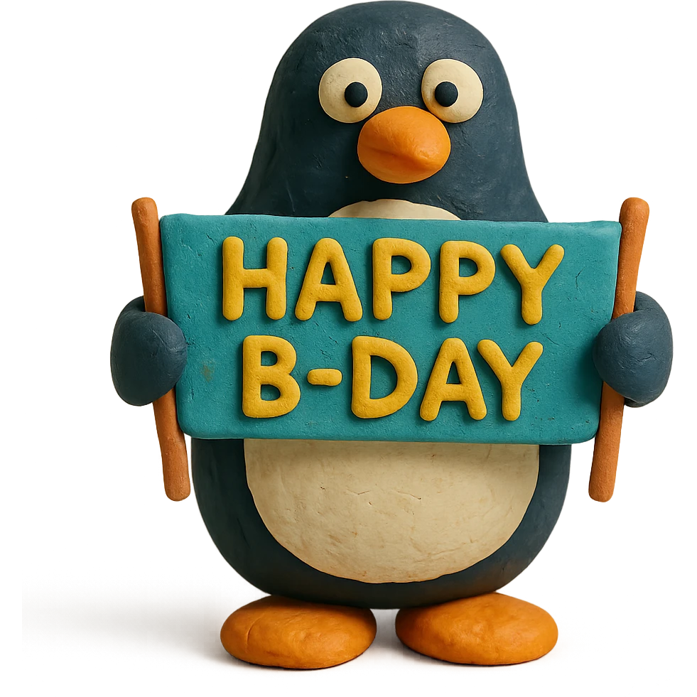 penguin holding a "Happy B-Day" banner, claymation style emoji
