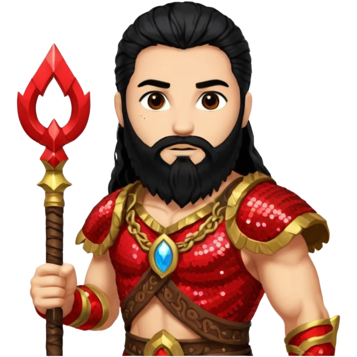 Mars, God of War from Gods and Goddesses with long black hair and beard, red and black sequin outfit, light tan skin emoji