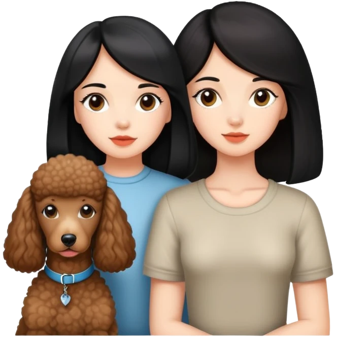 A beautiful well-behaved girl with fair skin has long straight black hair and a brown Poodle. emoji