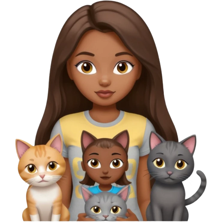 a pretty bratz dusky girl with long brown hair with four cats nd wearing a grey tshirt emoji