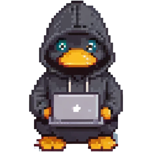 black rubber duck with tiny hoodie and a laptop, hacker emoji