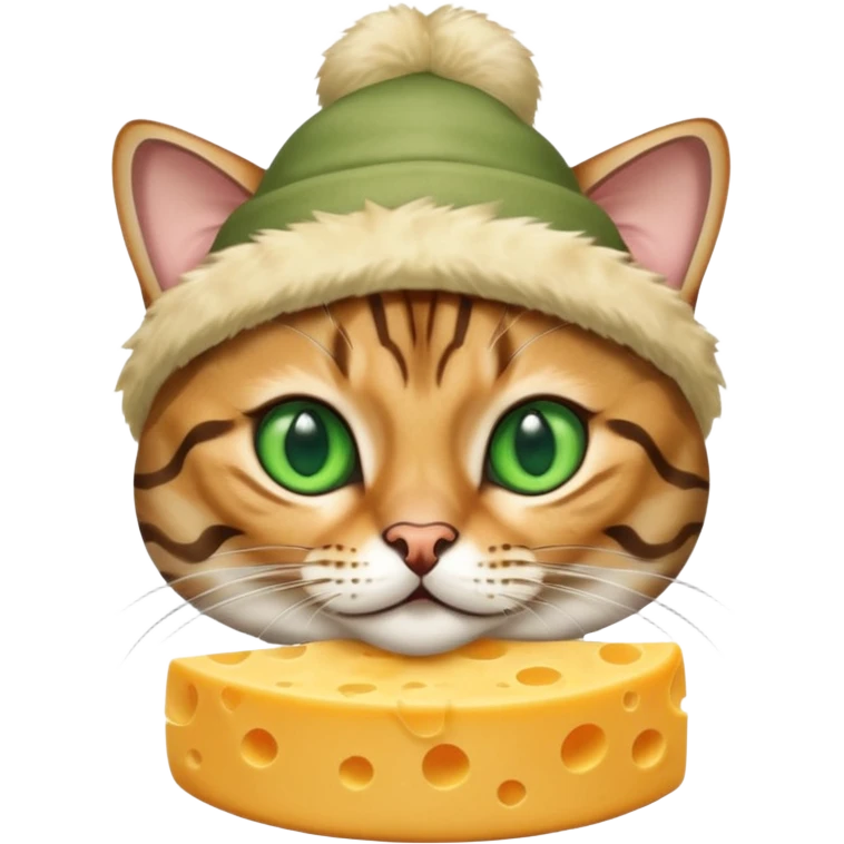 Sliver bengal cat with green eyes wearing a cheese hat emoji