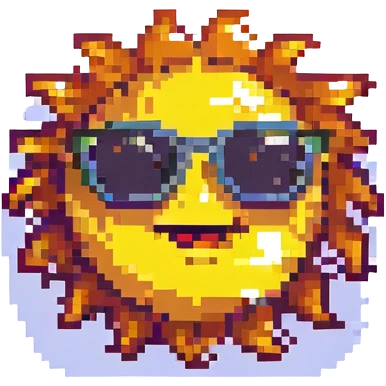 a smiling sun with sunglasses in pixel art style emoji