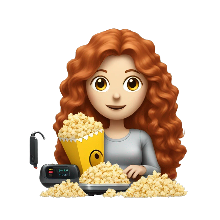 A long haired redhead lady eating popcorn with a robot vacuum next to her  emoji