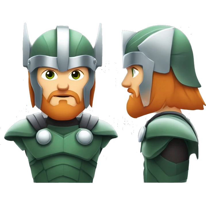 avatar of a man with short red hair, trimmed beard, gray-green eyes, and wearing Thor's winged helmet. Serious expression, clean shapes, and smooth gradients. emoji