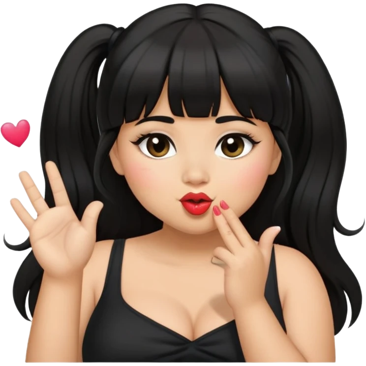 Latina girl with bangs black long hair in pony tail plus size black dress blowing kiss emoji