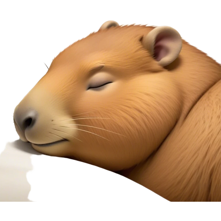 Meme-Worthy Cute Sleeping Capybara Portrait Emoji, Head resting peacefully with a contented smile, showcasing luxuriously soft, fluffy fur and a characteristic capybara head with a broad snout and small, gentle ears, with eyes gently closed in serene slumber, Simplified yet hilariously adorable features, highly detailed, glowing with a soft, drowsy natural light, high shine, relaxed and utterly lovable, stylized with an air of playful laziness, bright and heartwarming, soft glowing outline, capturing the essence of a sleeping capybara that feels destined to become the next viral sensation of adorable rest! emoji