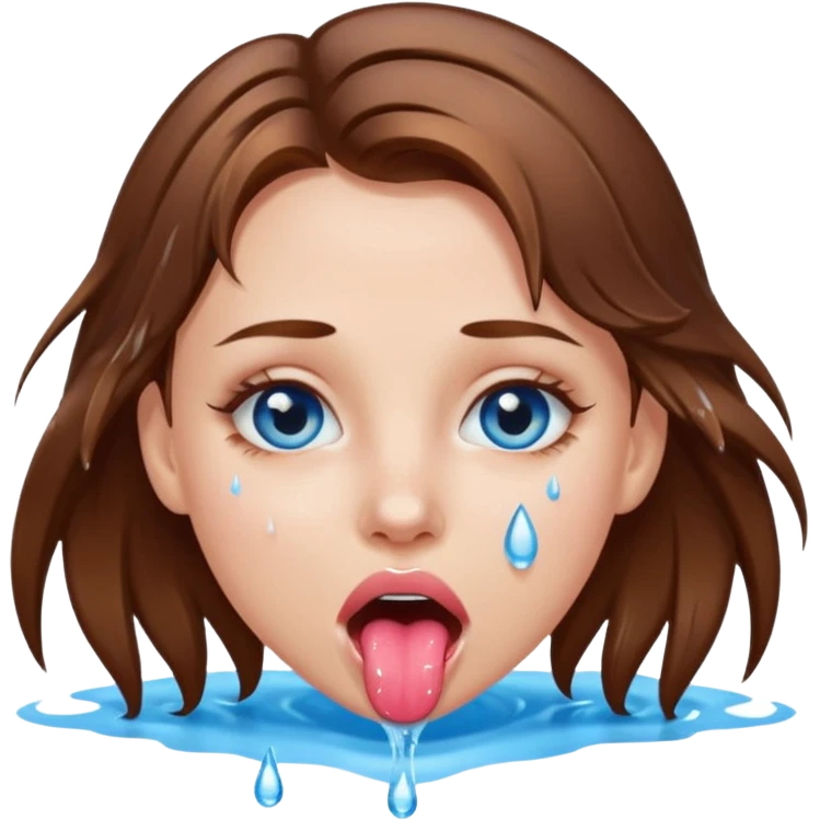 Girl with brown hair, blue eyes, a wet face and her tongue out. Can you make her face more wet? Can you add clear water droplets on her face and tongue? No water below her. Just on her face, hair and tongue. I like the first one in the top left corner. Can you do more variations of it emoji