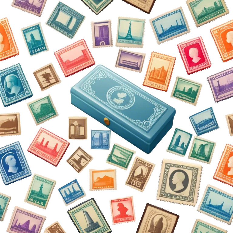 Icon for Stamp Collecting: a large stamp block in the center and a collection of vintage and colorful stamps arranged in an album or on a desk, with showcasing different themes. The icon should reflect the charm and history of philately. Transparent background. emoji