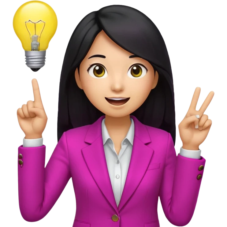 Cute 3D emoji of a Korean woman in a magenta blazer, long black hair and big brown eyes, with a light bulb above her head, excited expression, finger pointing up, solid lemon yellow background. emoji