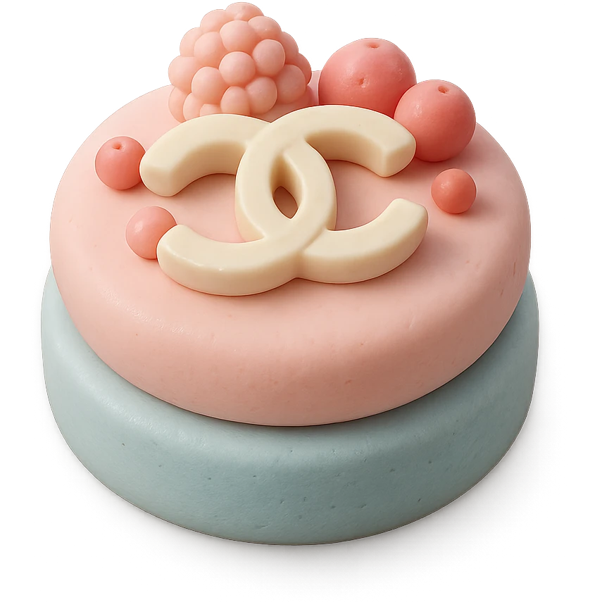 pastel Chanel tartlet, topped with a white chocolate logo and berries emoji