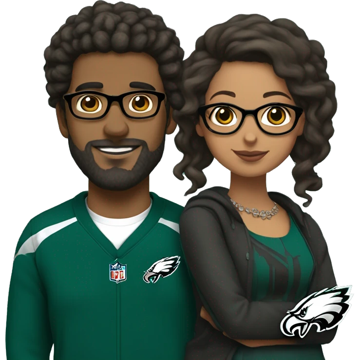 Brown guy with beard mustache and brown girl with glasses and her hair in a bun in Philadelphia eagles clothes holding hands emoji