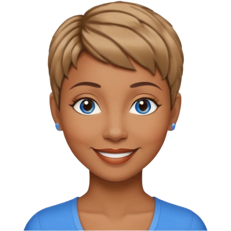 Frau, braun mit dunkelblonden spitzen, kurzhaarfrisur Pixie schnitt, blaue Augen, mittleres alter emoji