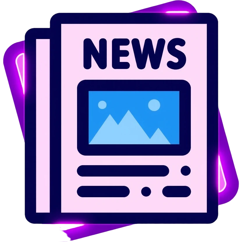 newspaper with breaking news headline, neon glow effect, blue neon glow on top left, purple neon glow on bottom right emoji