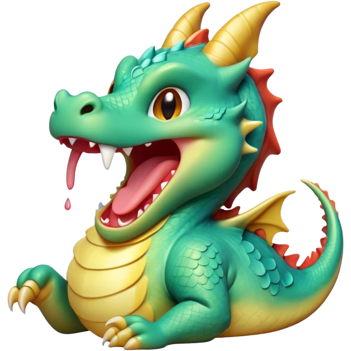 Cinematic Cute Yawning Dragon Portrait Emoji, Head tilted slightly with a dramatic, wide-open yawn, showcasing a soft, lustrous scaled body with gently drooping fins and half-closed, drowsy eyes, each scale rendered in exquisite detail under natural light; high shine, relaxed yet expressive, styled with a dash of fantastical charm, soft glowing outline, capturing the essence of a sleepy yet affectionate dragon that appears ready to stretch out and rest in its enchanted lair! emoji
