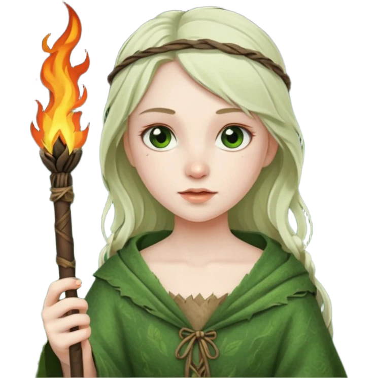 ancient european girl, tattered leaf green cloth, hold fire stick emoji