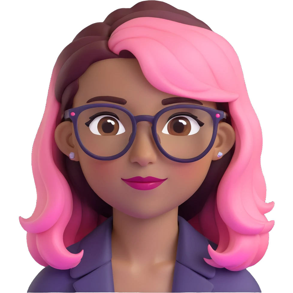 woman with gradient hair from dark to pink with glasses, brown roots, brown eyebrow, flirting emoji