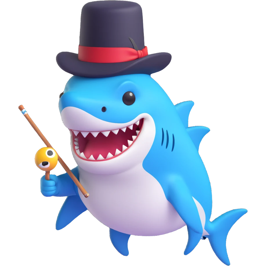 Add a cane to the dapper shark with a monocle and top hat, keep the 3D emoji style, no background. emoji