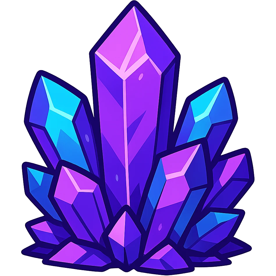 a cluster of crystals, mostly purple with blue highlights, stylized and vibrant emoji