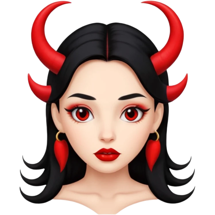 A girl's face with cheekbones, skin red, long black hair, small red horns, big lips emoji
