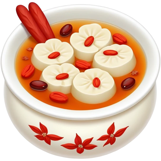 Sweet white fungus soup with red dates and goji berries, simplified emoji style with bold outlines and bright colors, cartoon style Yin Er Tang dessert emoji